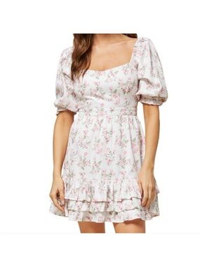 RACHEL PARCELL WOMENS WHITE PUFF SLEEVE SMOCKED MINI DRESS PINK FLORAL MEDIUM
